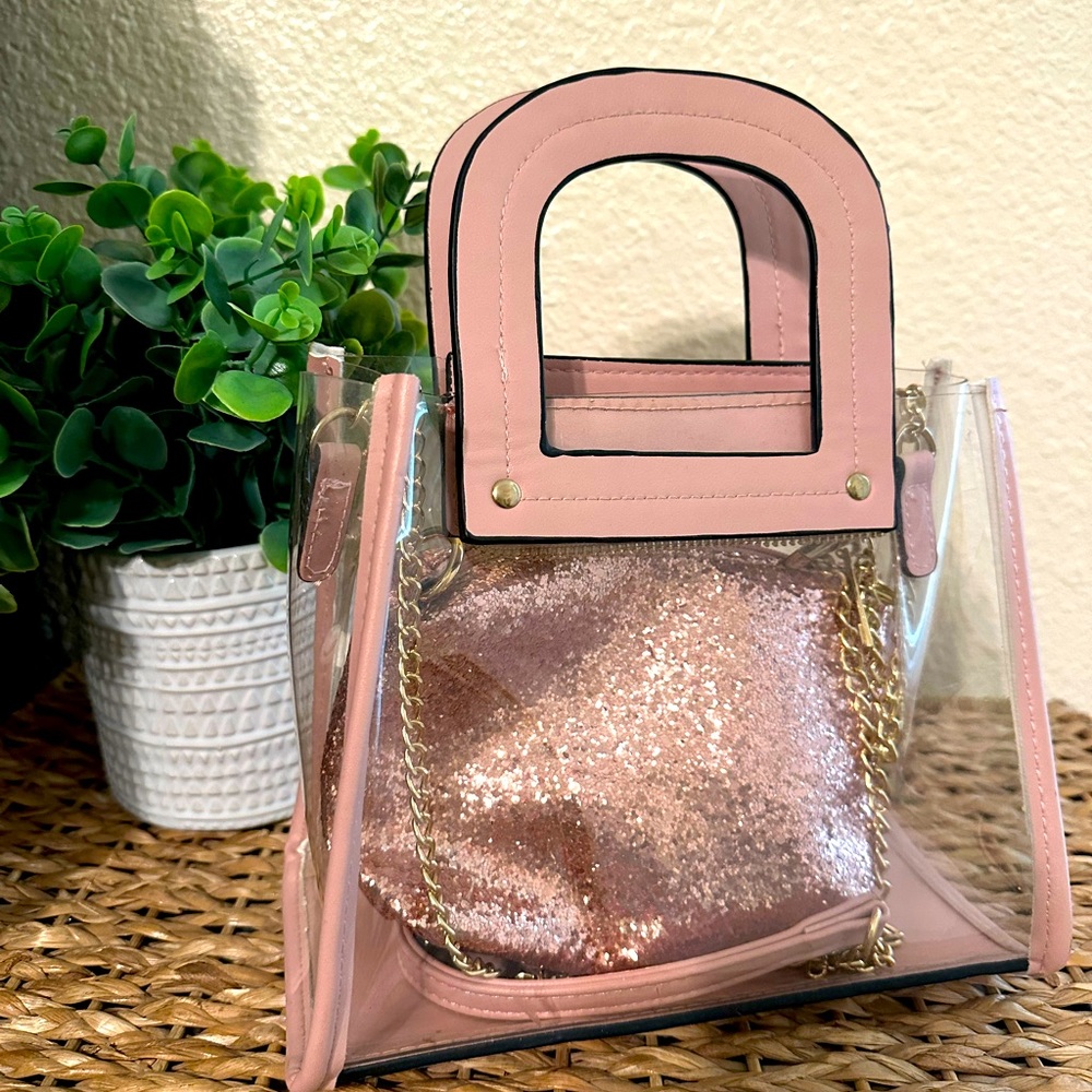 Pink and clear small tote purse with glitter bag